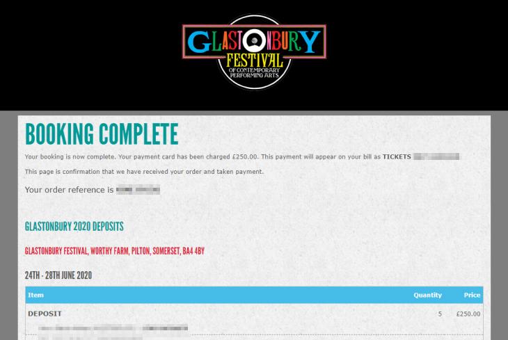 Glastonbury Ticket Booking Complete Page
